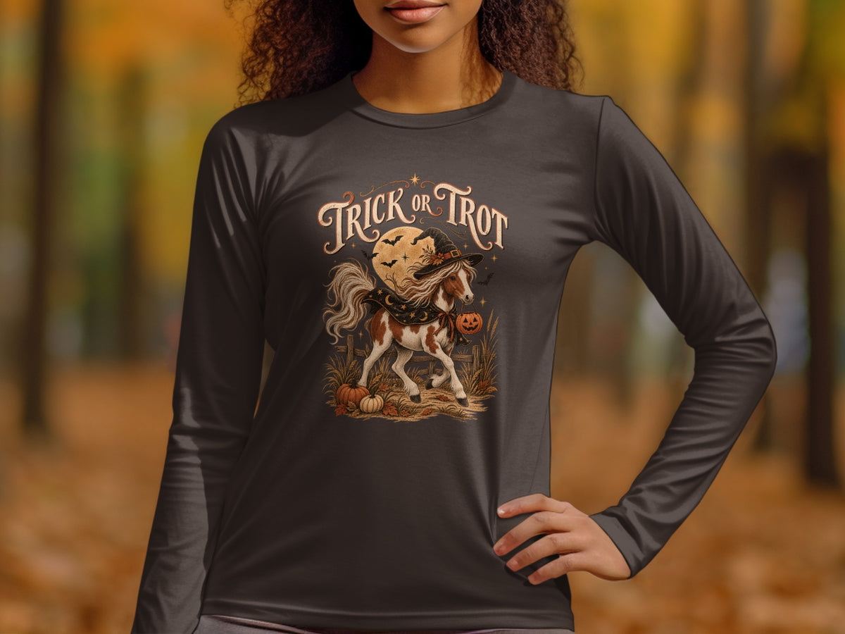 Brown long-sleeve shirt with Halloween horse, pumpkins, and text "Trick or Trot".