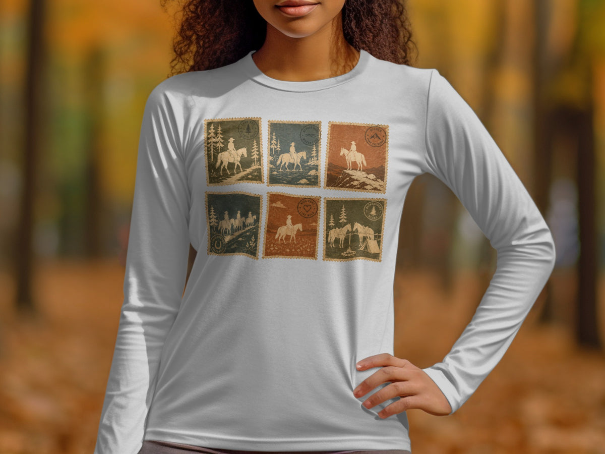 White long-sleeve shirt with six vintage postage stamp-style graphics of horses and riders.