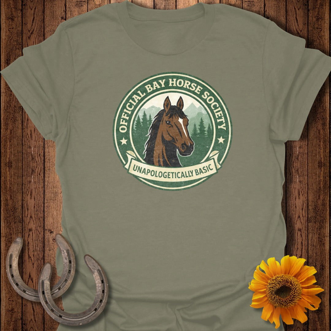 T-shirt with bay horse graphic and "Official Bay Horse Society Unapologetically Basic" text.