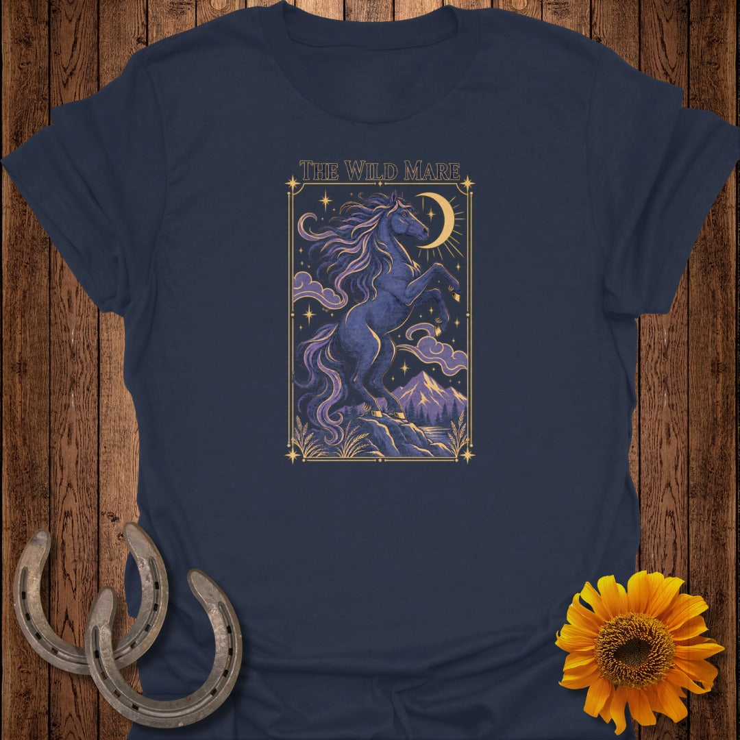 Navy t-shirt with "The Wild Mare" text and a rearing horse under a crescent moon.