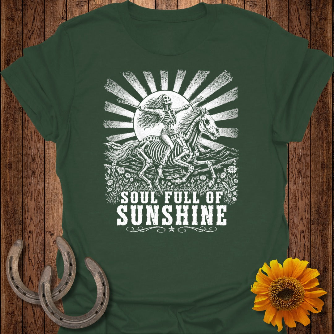 Skeleton riding a horse through a field with text "SOUL FULL OF SUNSHINE."