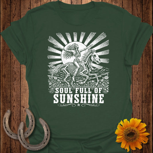 Skeleton riding a horse through a field with text "SOUL FULL OF SUNSHINE."