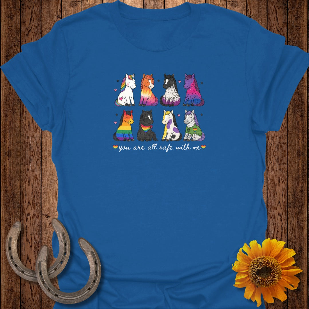 Rainbow pride horses with hearts and stars, text "you are all safe with me".