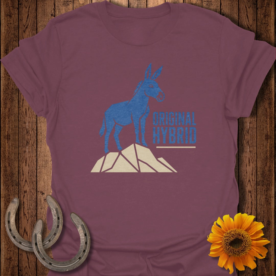 T-shirt with blue donkey graphic and "ORIGINAL HYBRID" text.
