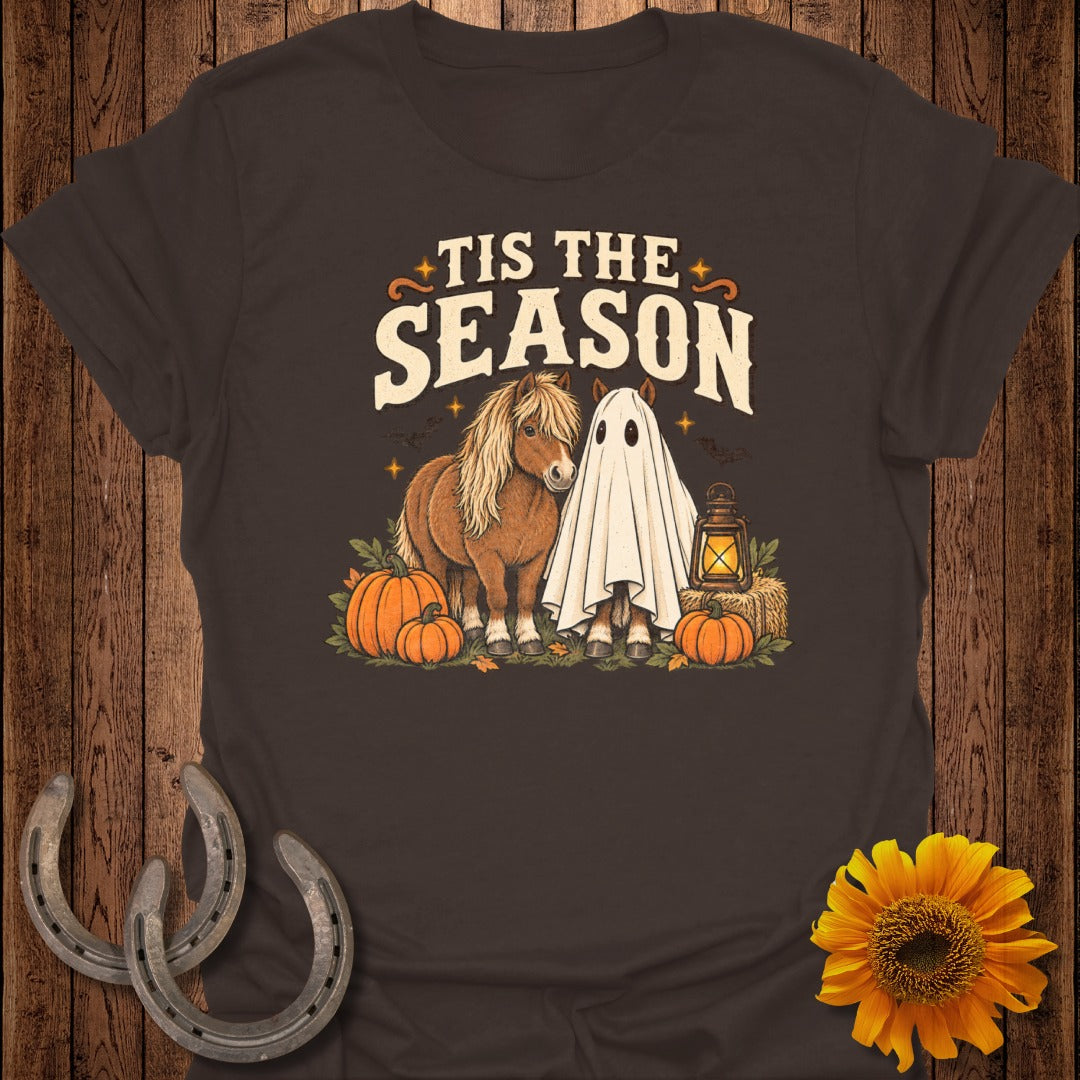 Brown t-shirt with "Tis the Season" text and a pony dressed as a ghost.