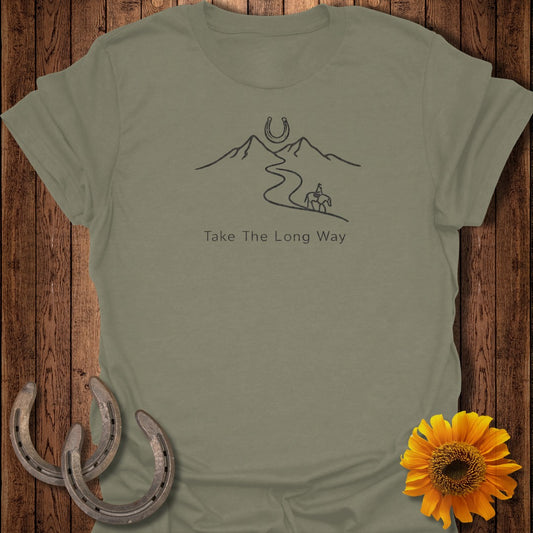 Olive t-shirt with a mountain and rider graphic and text "Take The Long Way".
