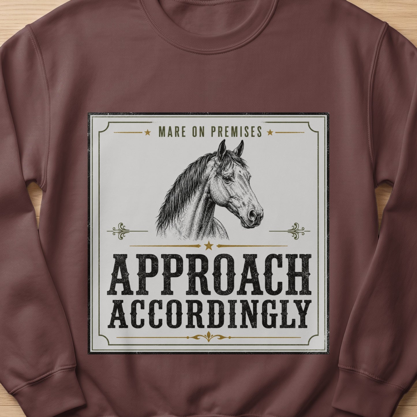 Horse head graphic with text "Mare on Premises, Approach Accordingly."