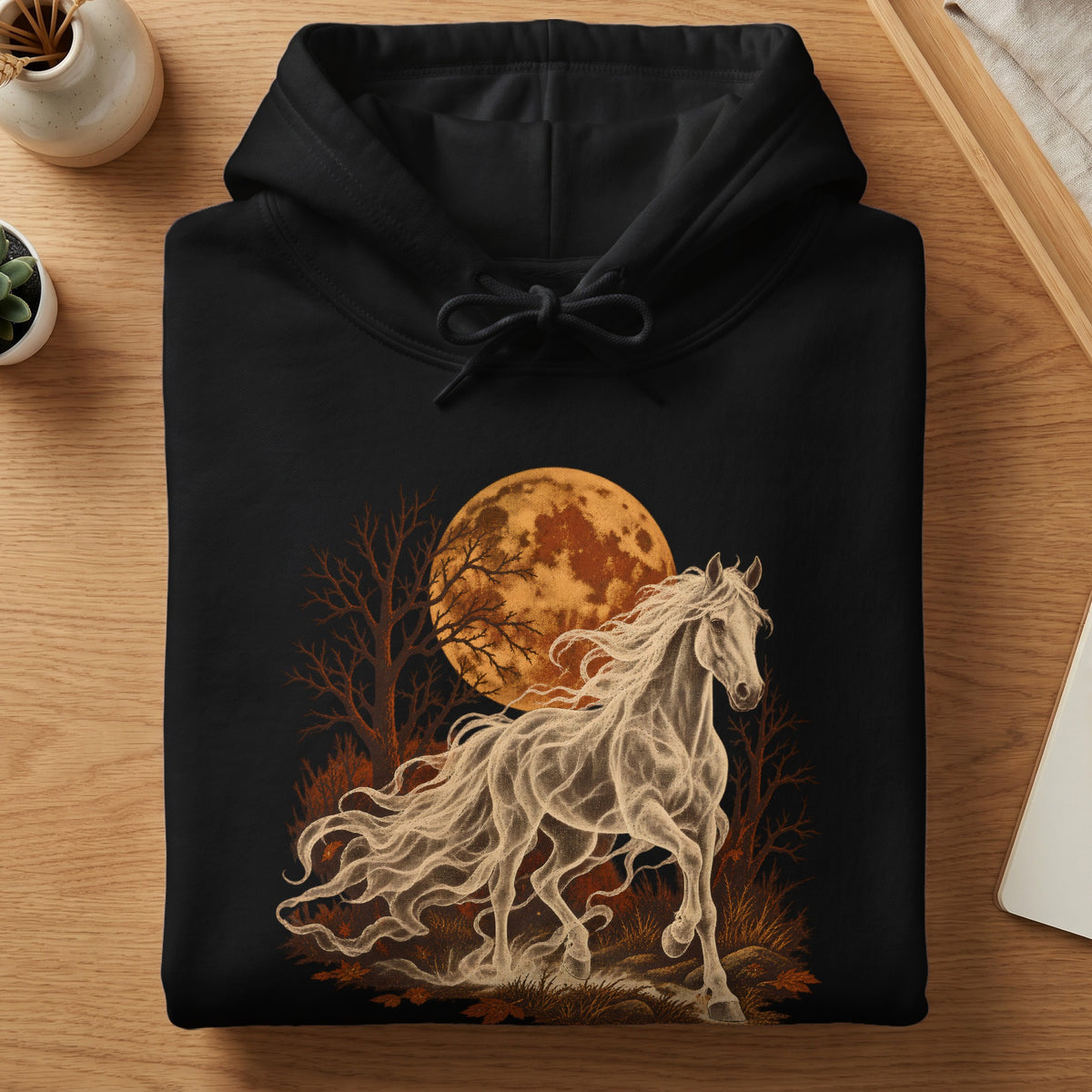 Black hoodie featuring a ghostly white horse in front of an orange full moon.