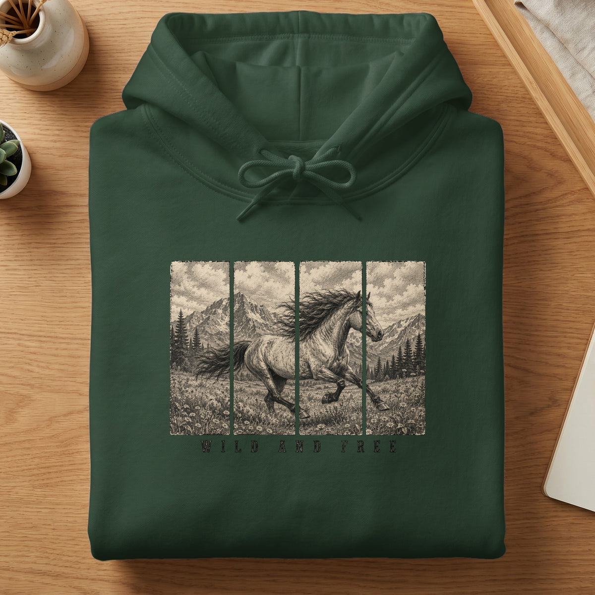 Dark green hoodie with a sepia-toned graphic of a running horse in a mountain landscape.
