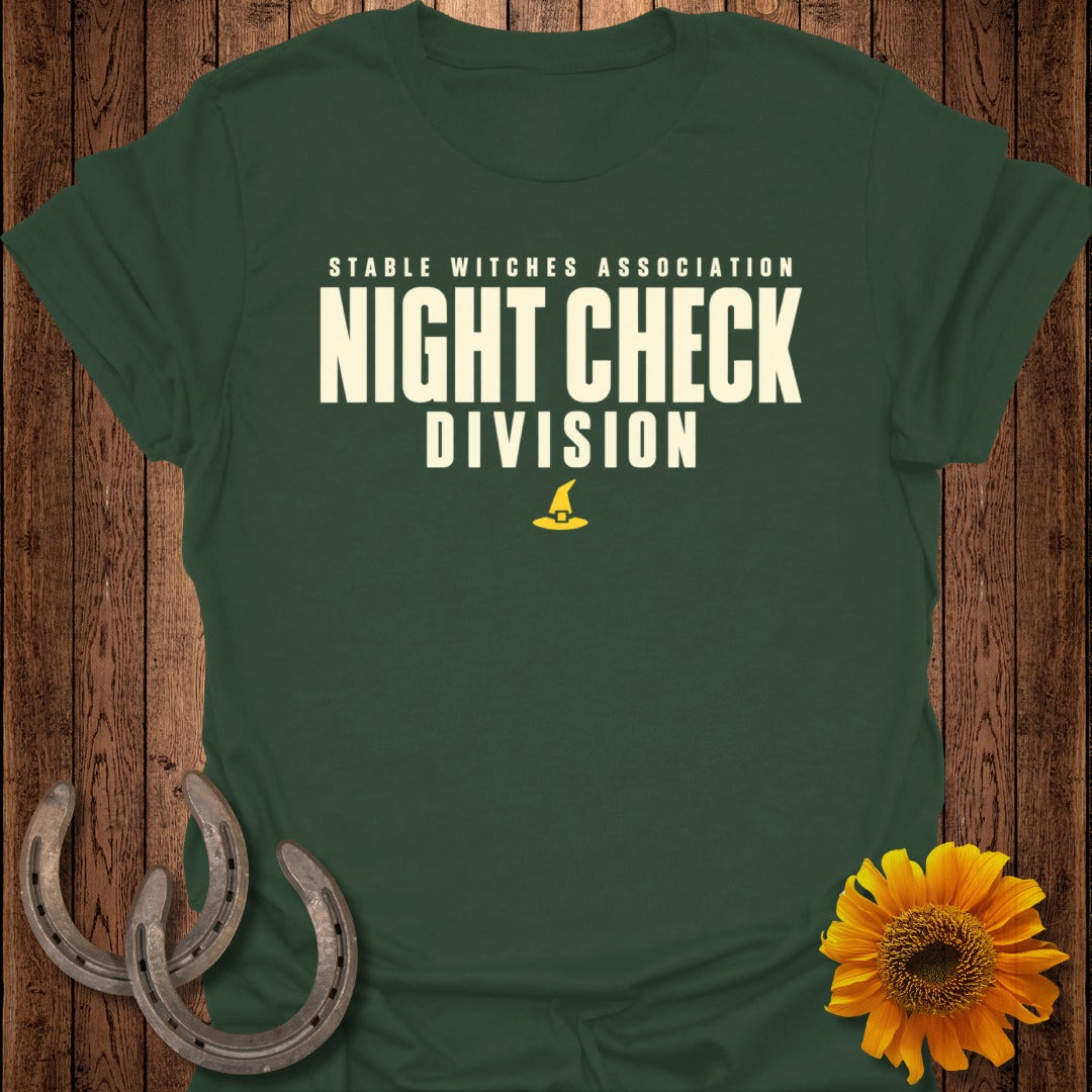Green t-shirt with "Stable Witches Association Night Check Division" text and a witch hat.