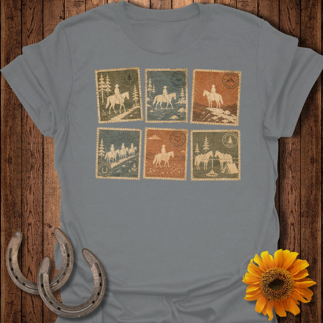 Six postage stamp designs featuring cowboys riding horses in scenic outdoor settings.
