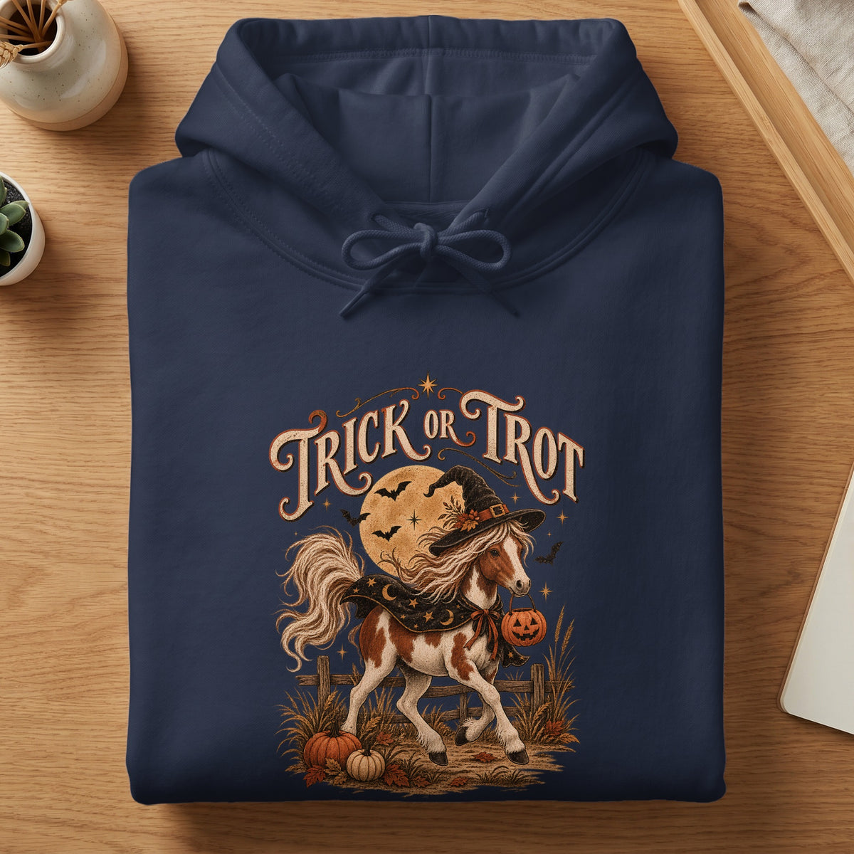 Navy hoodie with a "Trick or Trot" Halloween graphic featuring a horse in a witch hat.