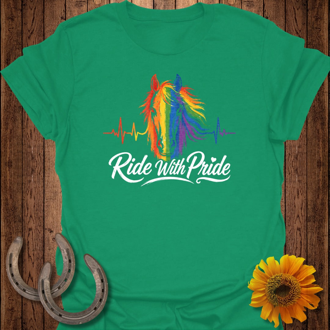 Green t-shirt with rainbow horse heart graphic and "Ride With Pride" text.