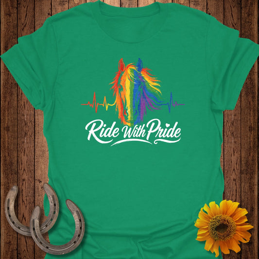 Green t-shirt with rainbow horse heart graphic and "Ride With Pride" text.