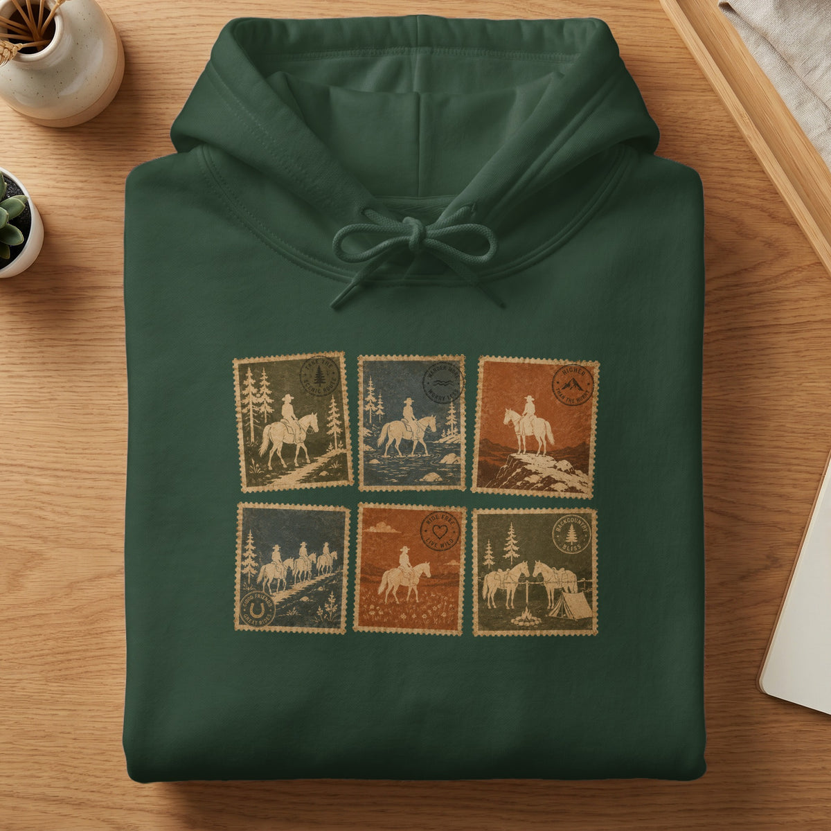 Dark green hoodie with six vintage stamp-style graphics of cowboys and horses.