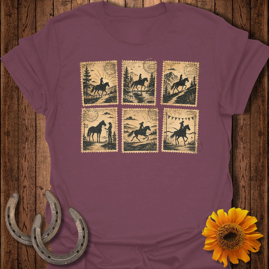 Six postage stamps depicting horses and riders in scenic landscapes.