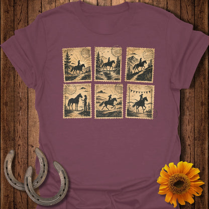 Six postage stamps depicting horses and riders in scenic landscapes.