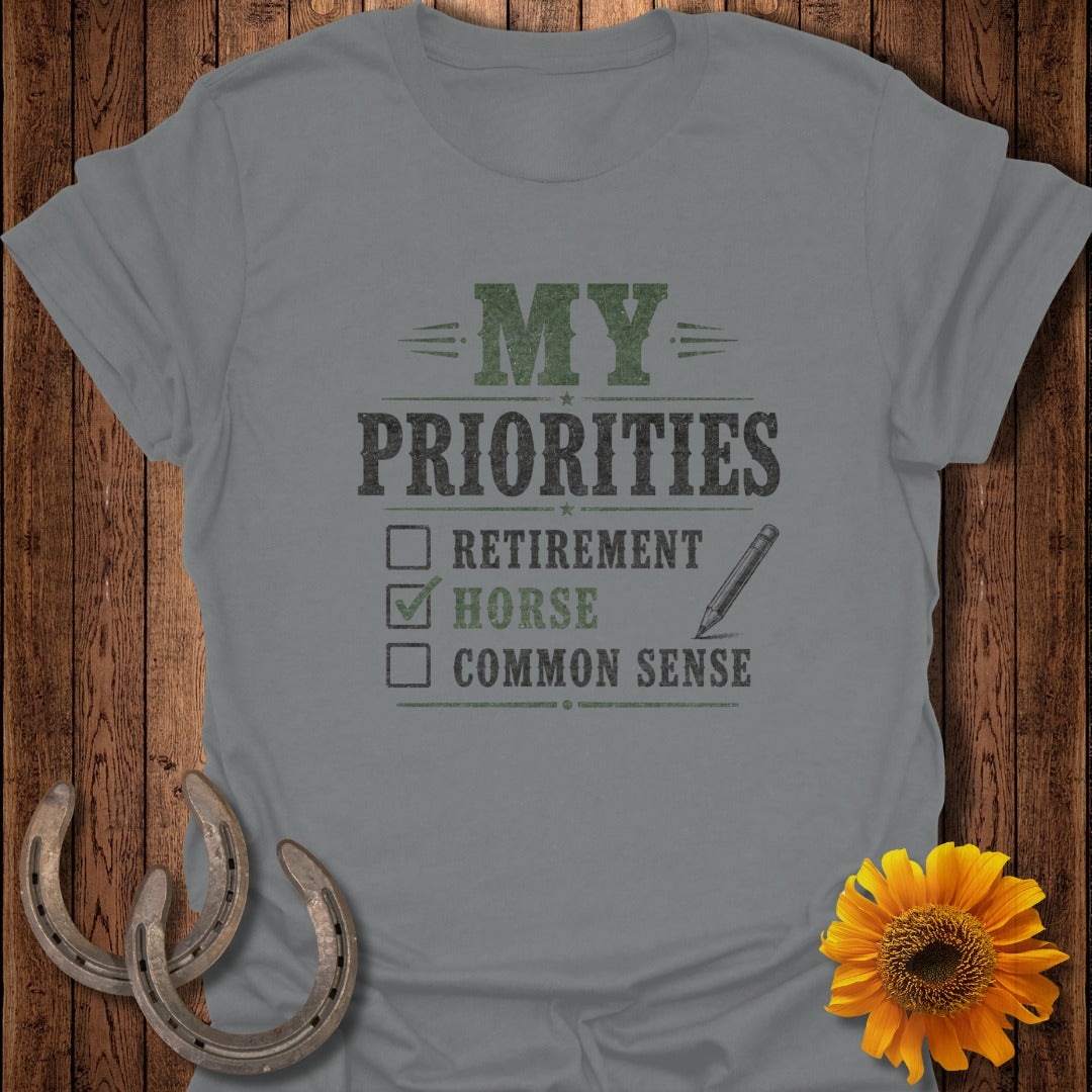Gray t-shirt with "MY PRIORITIES" text and a checked box next to "HORSE".