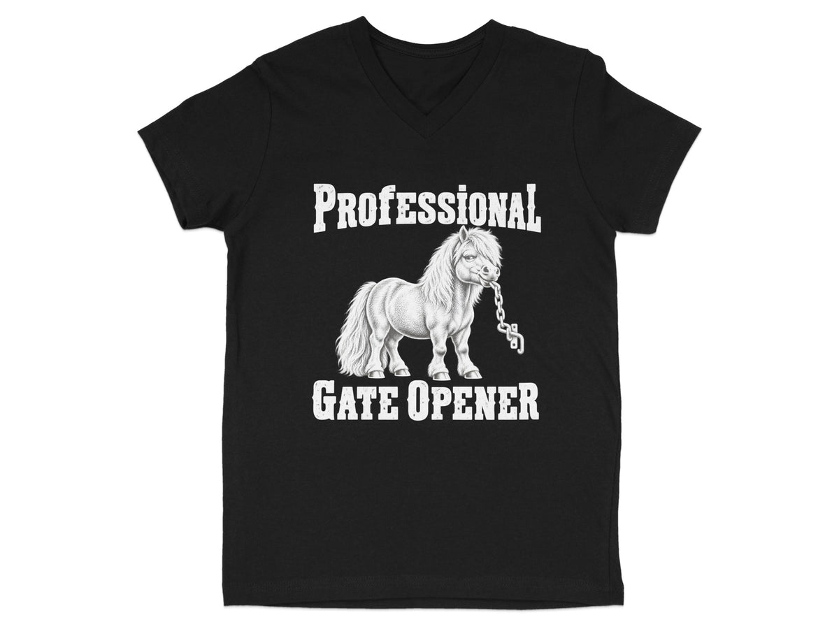 Black V-neck t-shirt featuring white text that reads PROFESSIONAL GATE OPENER and a graphic of a pony holding a chain.