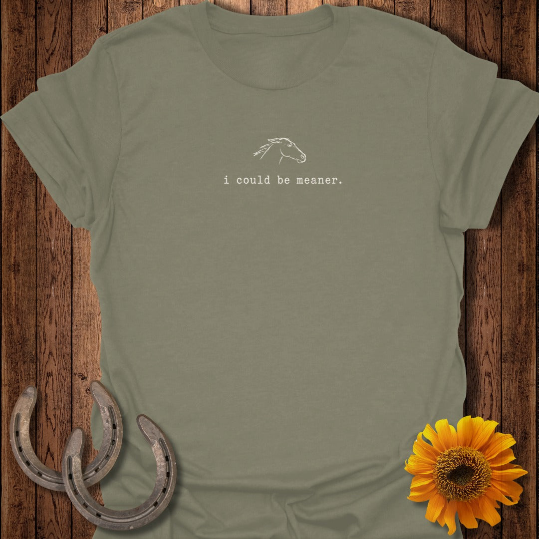 Light green t-shirt with horse outline and text "i could be meaner."