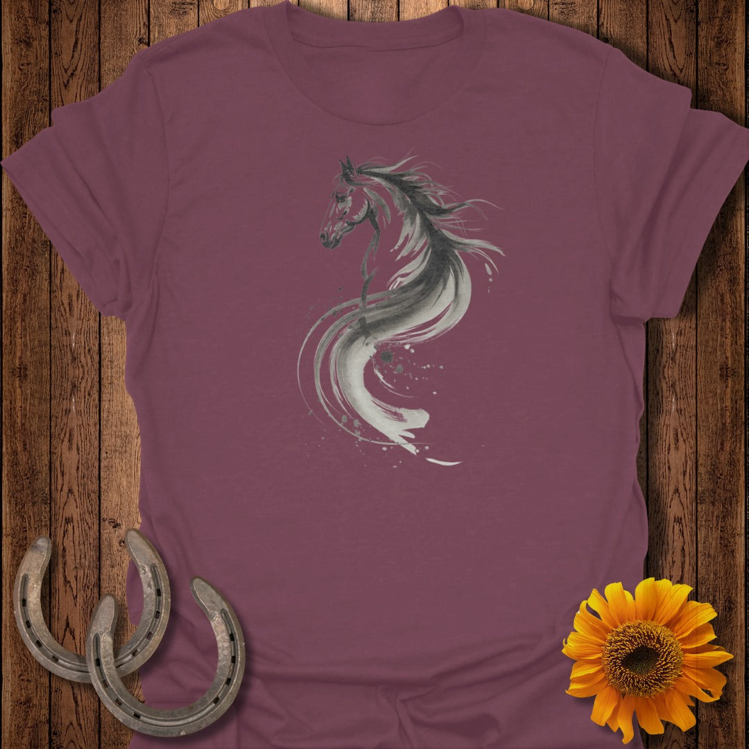Maroon t-shirt with watercolor horse design, two horseshoes, and sunflower.