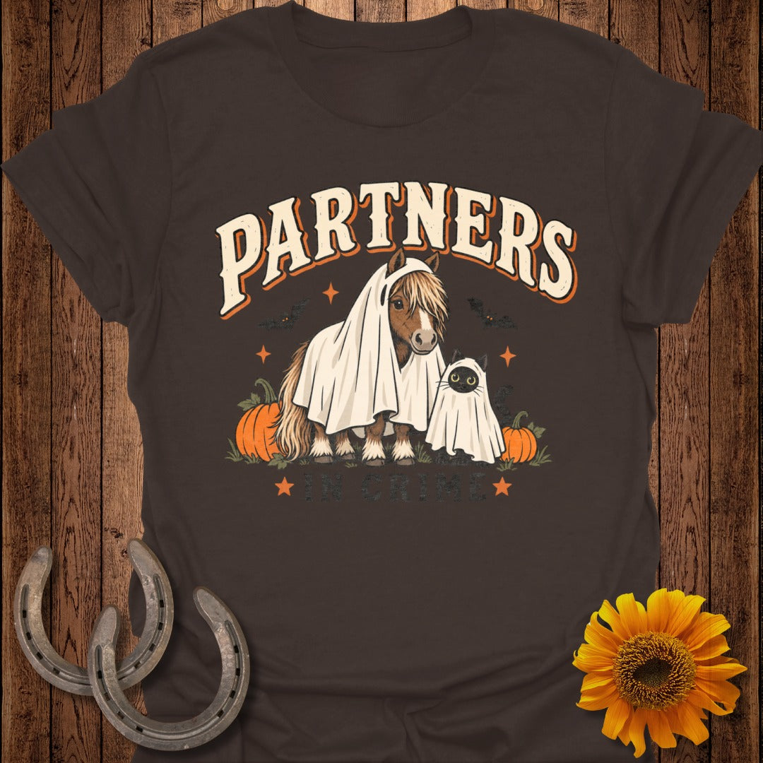Horse and cat in ghost costumes with "Partners In Crime" text.