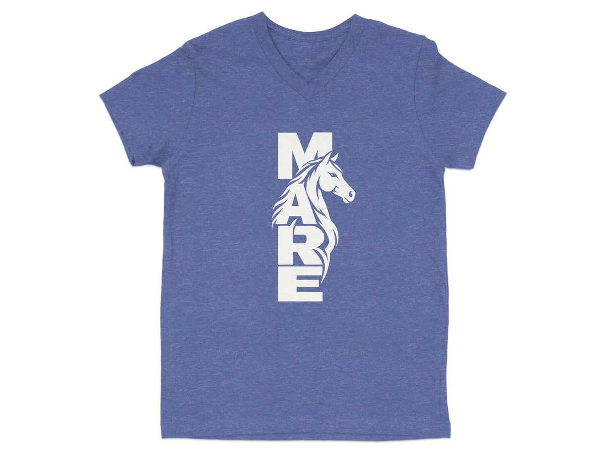 Heather blue women’s V-neck t-shirt featuring a stacked white graphic of a horse head and the word MARE.