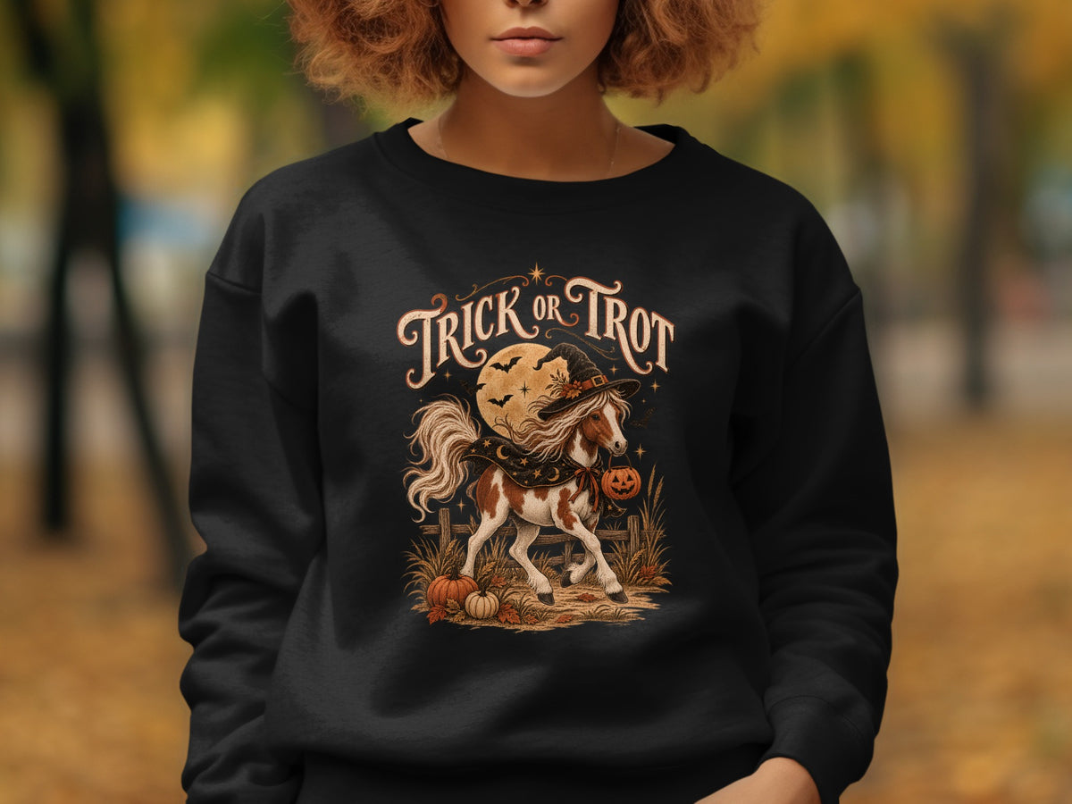 Horse wearing witch hat and carrying pumpkin, with text "Trick or Trot".