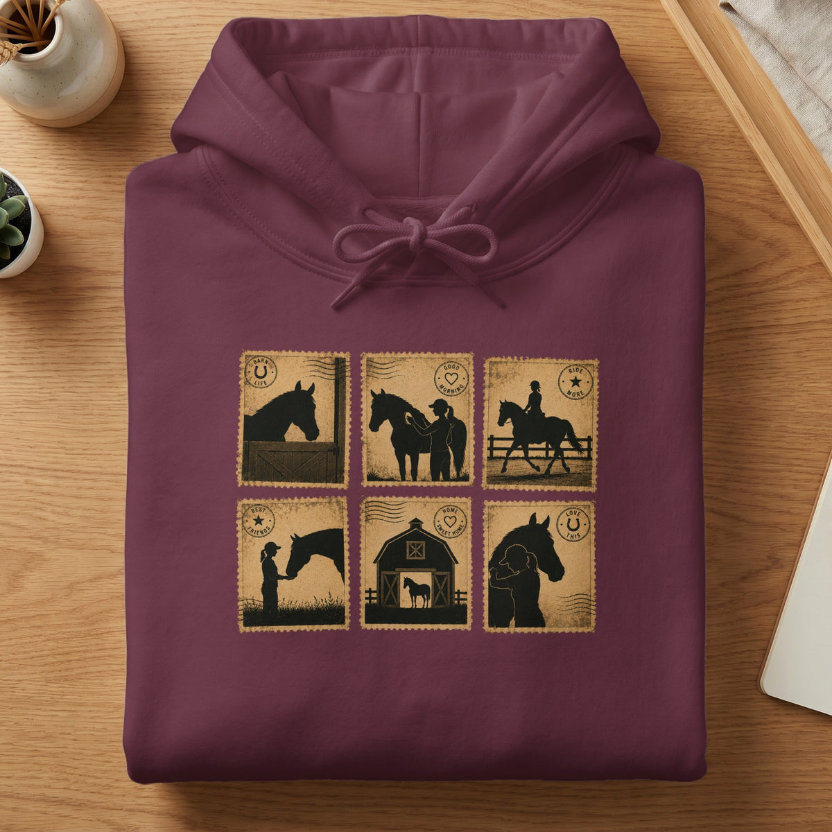 Maroon hoodie with six postage stamp-style horse graphics and text.