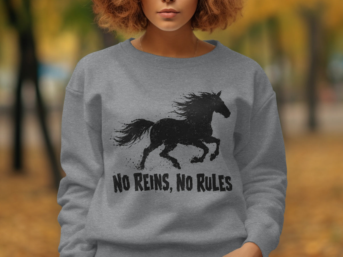 Grey sweatshirt with black horse graphic and "No Reins, No Rules" text.