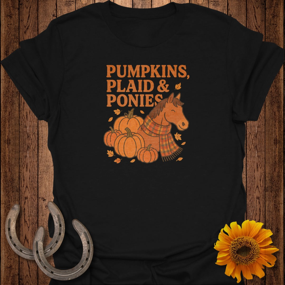 Black t-shirt with "Pumpkins, Plaid & Ponies" text and illustration of a horse.