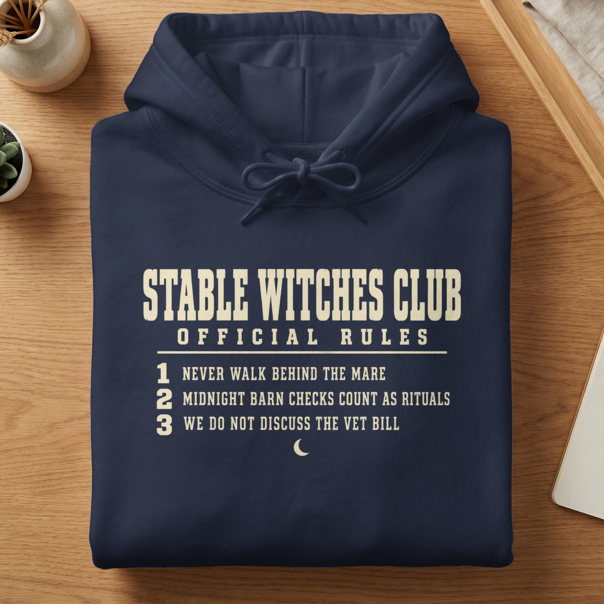 Navy hoodie with "Stable Witches Club Official Rules" and three humorous rules.