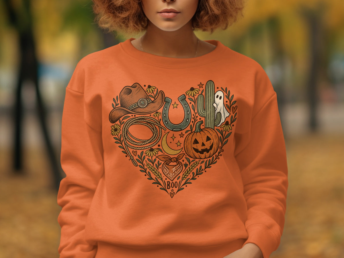 Orange sweatshirt with a heart-shaped western Halloween graphic including a pumpkin and ghost.