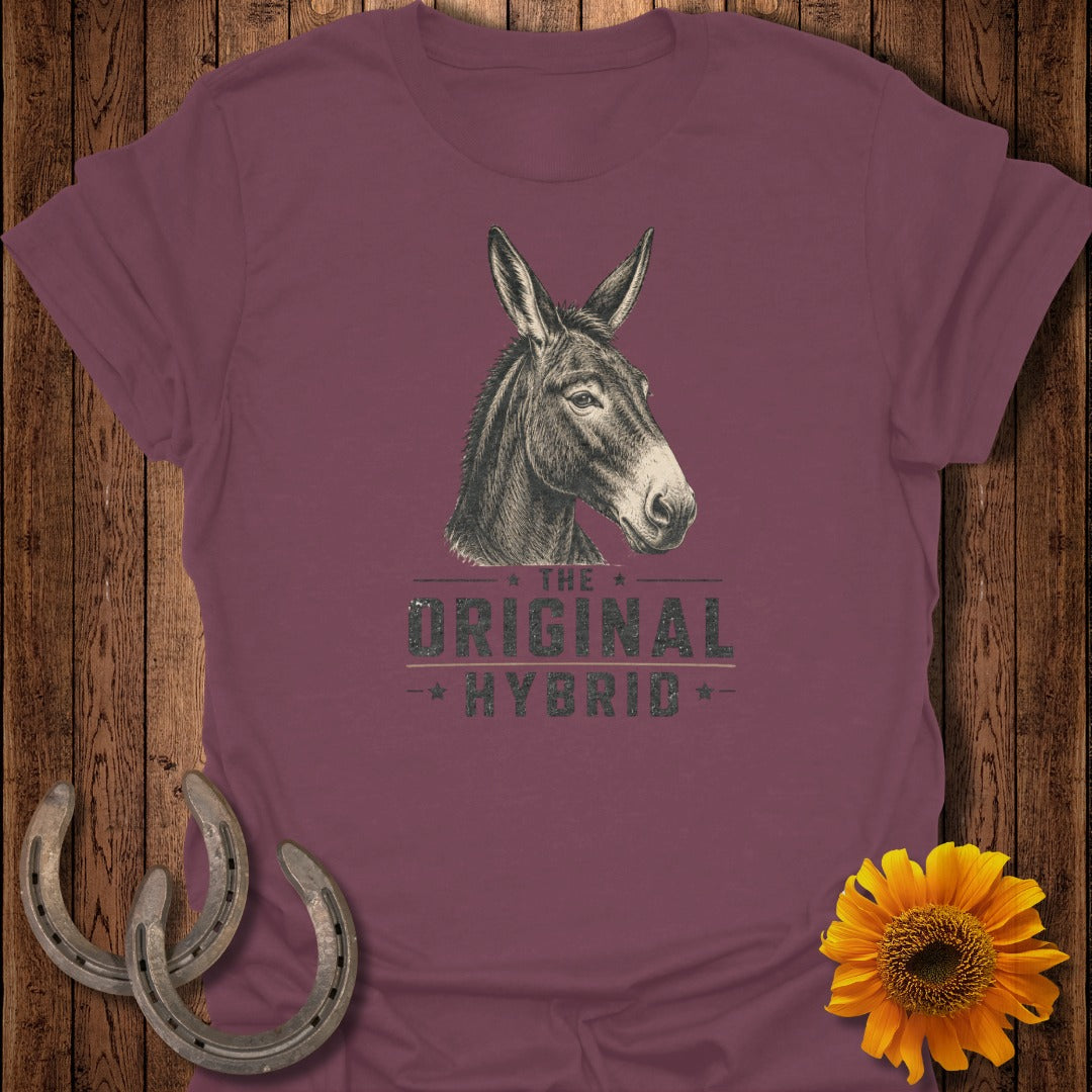 T-shirt with a donkey head illustration and "The Original Hybrid" text.
