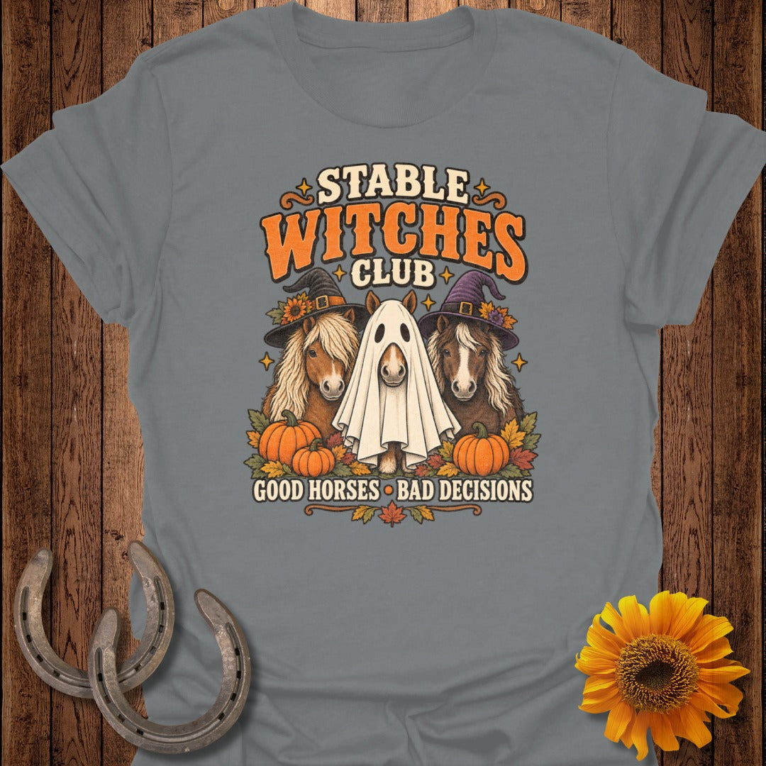 Stable Witches Club design with horses and pumpkins, says "Good Horses Bad Decisions."