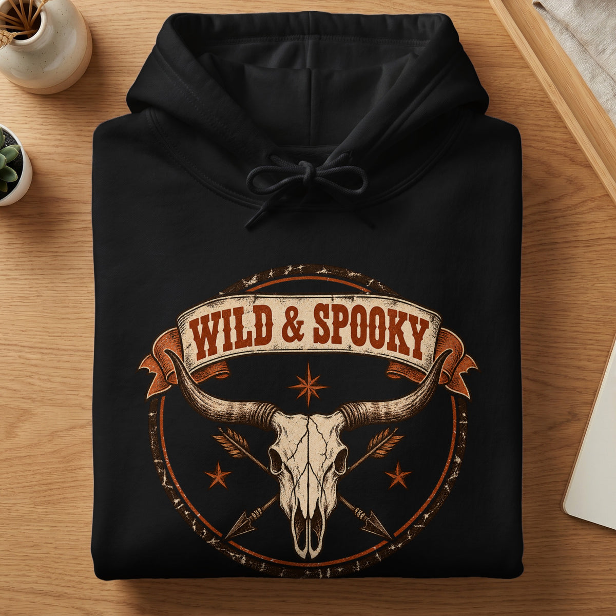 Black hoodie with "Wild & Spooky" text and a longhorn skull graphic.