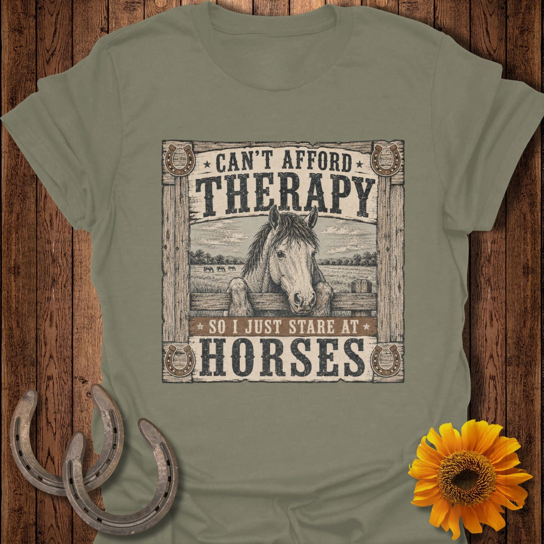 Horse head peeking over fence with text "Can't afford therapy so I just stare at horses."