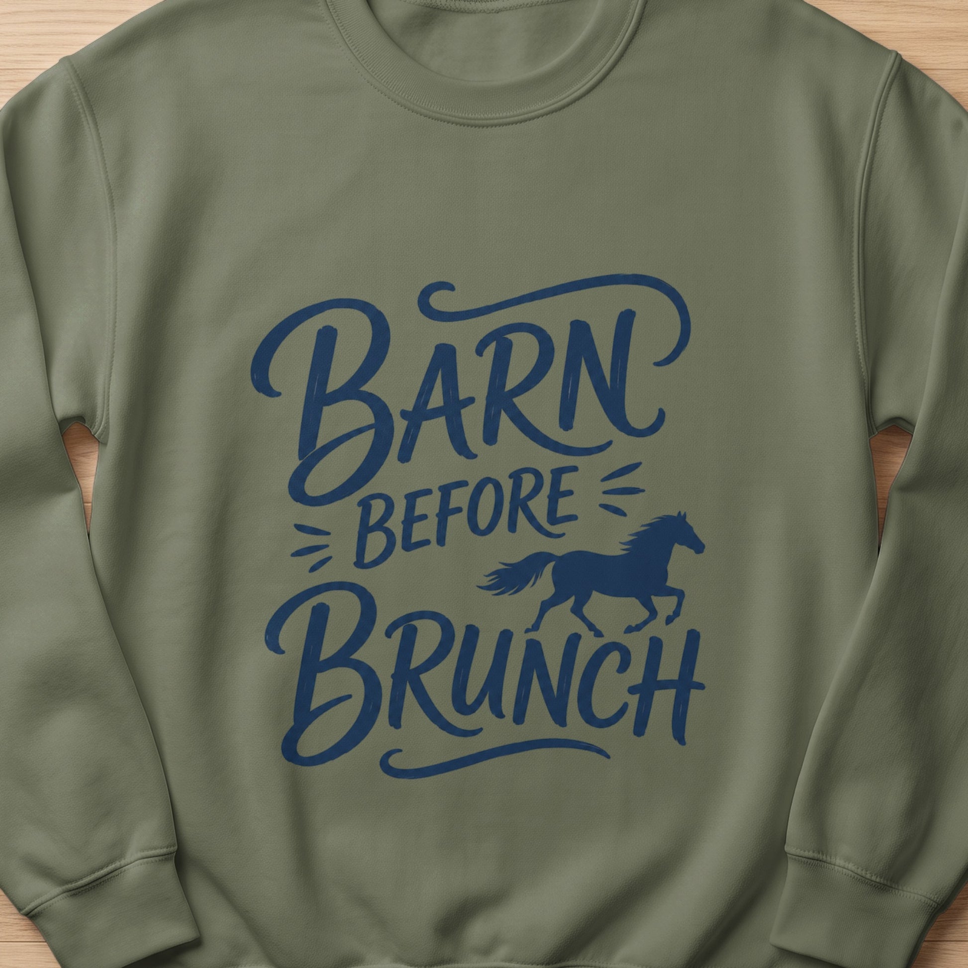 Olive green sweatshirt with "Barn Before Brunch" and horse silhouette graphic.