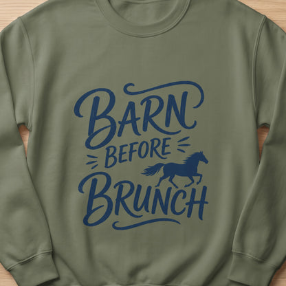 Olive green sweatshirt with "Barn Before Brunch" and horse silhouette graphic.