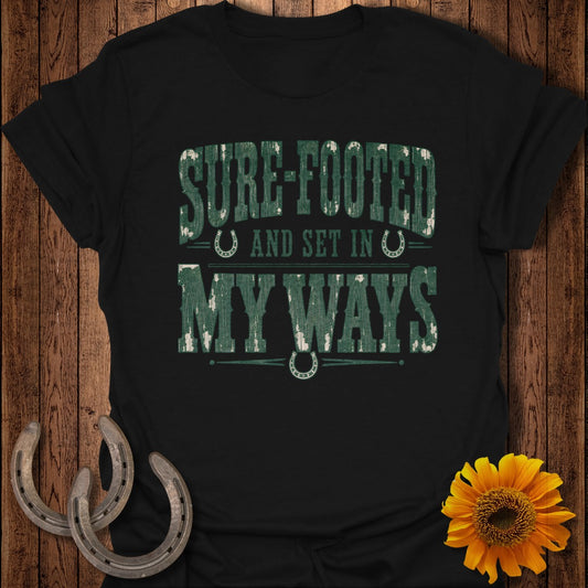 Black t-shirt with "SURE-FOOTED AND SET IN MY WAYS" text and horseshoes.