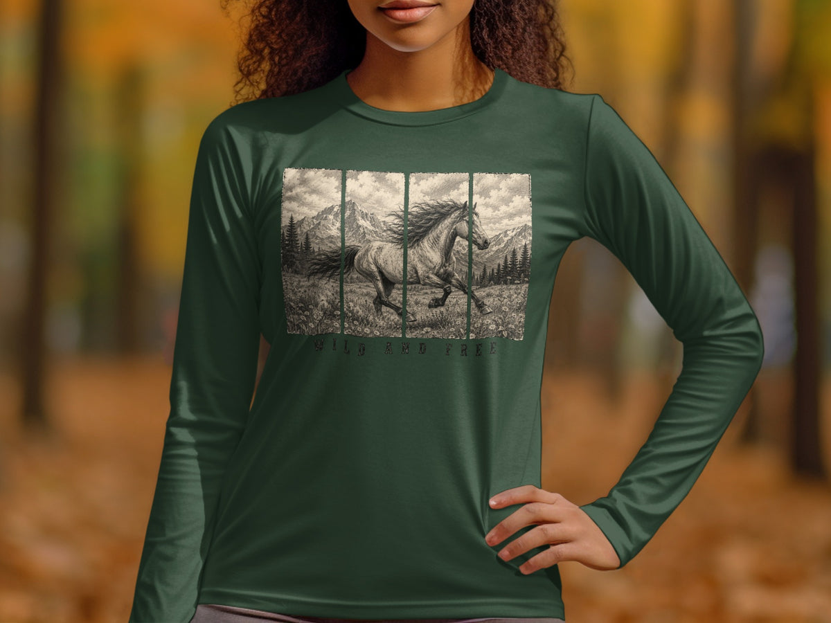 Long sleeve dark green shirt with a graphic of a horse running through a mountain landscape.