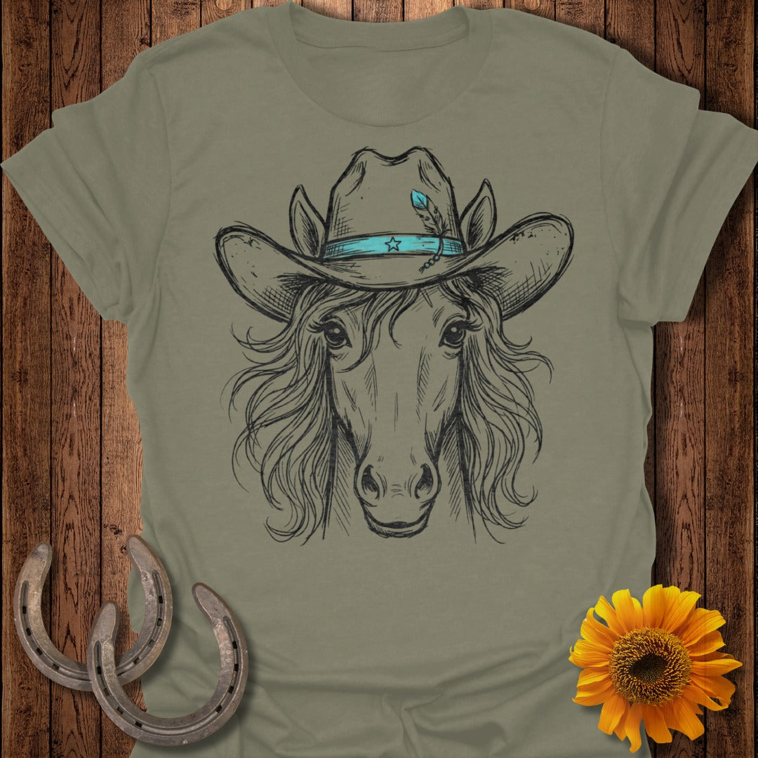 Horse head wearing a cowboy hat, sketch style, with sunflowers and horseshoes.