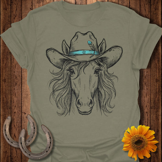 Horse head wearing a cowboy hat, sketch style, with sunflowers and horseshoes.