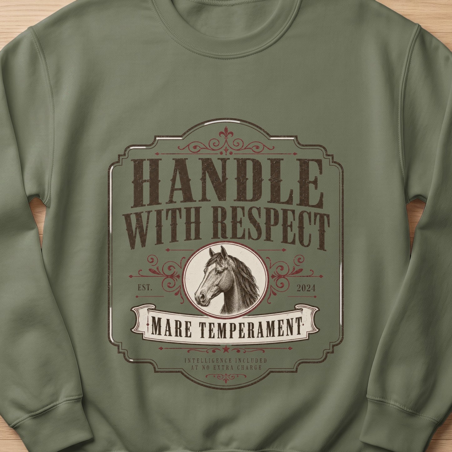 Green sweatshirt with vintage design of a horse head and text.