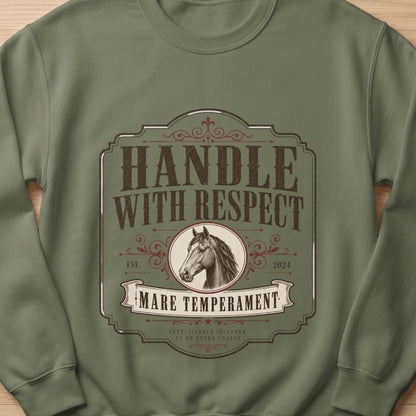Green sweatshirt with vintage design of a horse head and text.