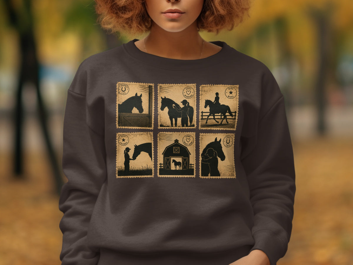 Six postage stamp-style illustrations of horses and riders on a dark gray sweatshirt.