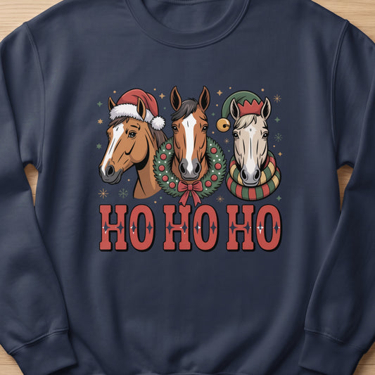 Three horses wearing festive hats and scarves with "HO HO HO" text.