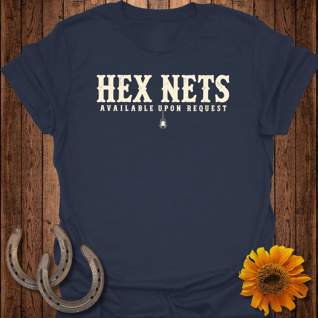 Navy t-shirt with "HEX NETS AVAILABLE UPON REQUEST" and a spider graphic.