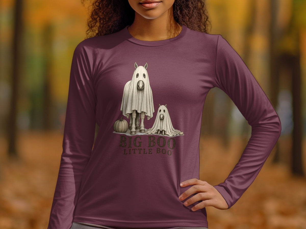 Horse and foal dressed as ghosts with pumpkins and "Big Boo Little Boo" text.