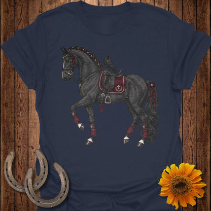 Black horse with elaborate tack and a raven on its saddle, on a navy t-shirt.